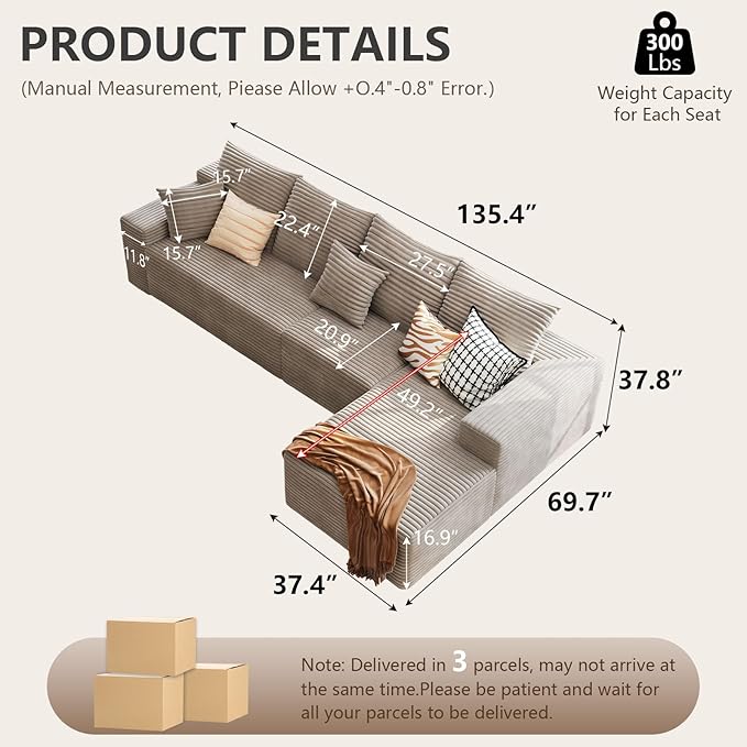 135.4 Cloud Sectional Couch with L-Shape Chaise Modern Corduroy Boneless Deep Seat Sofa 4-Seater Modular Sleeper Couch for Living Room Bedroom Apartment No Assembly (Camel Right-Facing Chaise)
