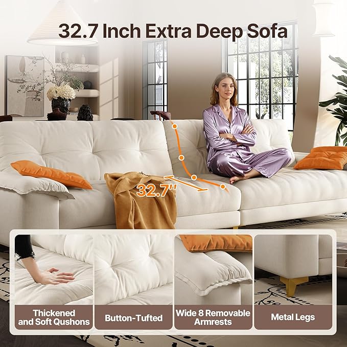 104.7 sectional Couch mid-Century Modern 4-Seater Comfy Cloud Couch for Living Room Office Button Tufted upholstered Metal Legs Sofa Sturdy loveseat (Beige 104.7 Inch)