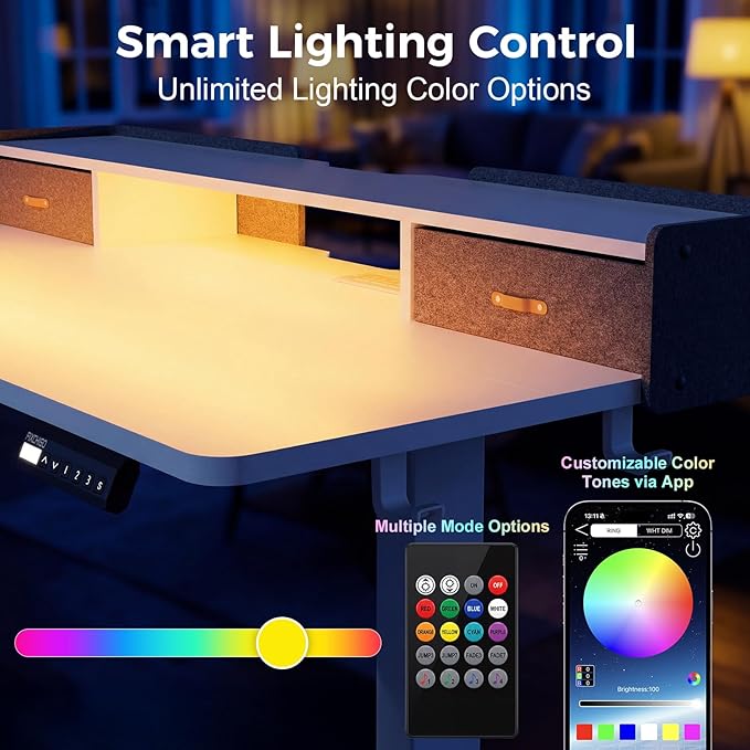 Electric Standing Desk with Drawers 63 Inch Height Adjustable Desk with Power Outlets &amp LED Lights Sit Stand Table with Monitor Stand for Home Office White