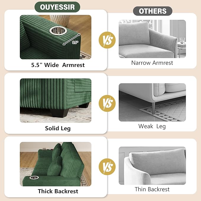 OUYESSIR 82 Loveseat Sofa for Living RoomModern Sofa with USB Charging Ports &amp Cup HoldersComfy Corduroy Couch with Upholstered Cushion3 Seater Deep Seat Couch for Small SpaceBedroom Green