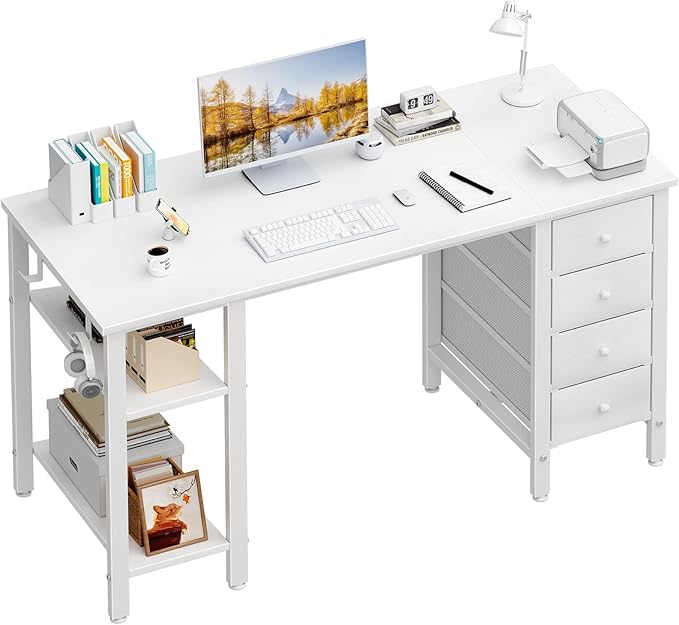 Lufeiya White Desk with Drawers &amp Storage Shelves 47 Inch Study Work Writing Desk for Home Office Bedroom Simple Modern Cute PC Computer Desks Table White