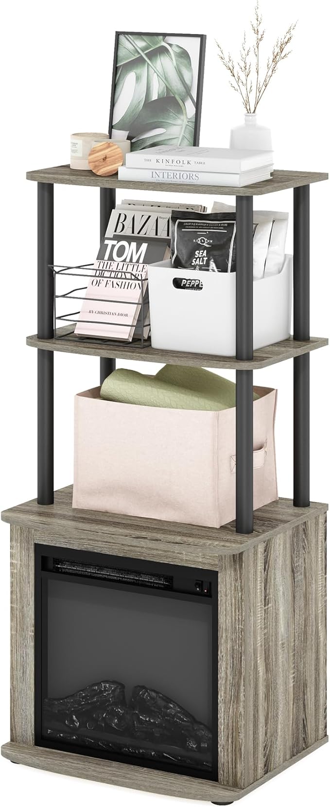 Furinno Turn-N-Tube 2-Tier Tall TV Entertainment Side Table Display Rack with Fireplace Insert French Oak Grey/Black
