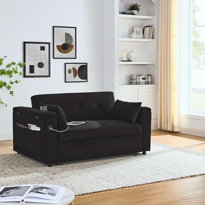 Convertible Sleeper Sofa Bed Pull-Out Recliner Couch with Adjustable Backrest Storage Armrests Side Pockets Cup Holders USB Charging Ports Chenille Loveseat for Living Room Use (Black)