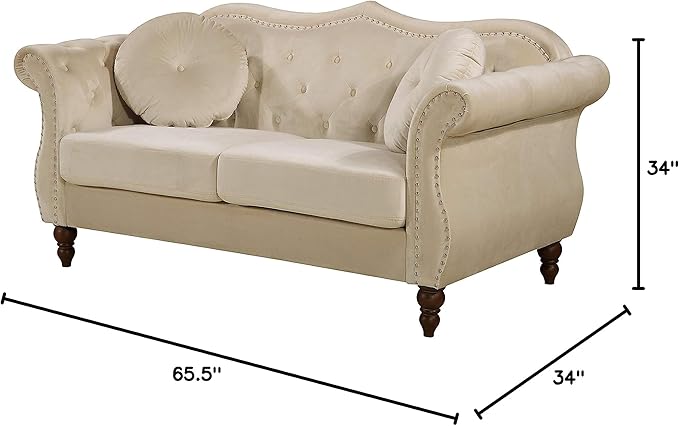 Anna1 Chesterfield Velvet Couches for Living Room Button Tufted Luxury Upholstery with Rolled Arms High-Density Foam Durable Wood Frame 65.5 Loveseat White Ivory
