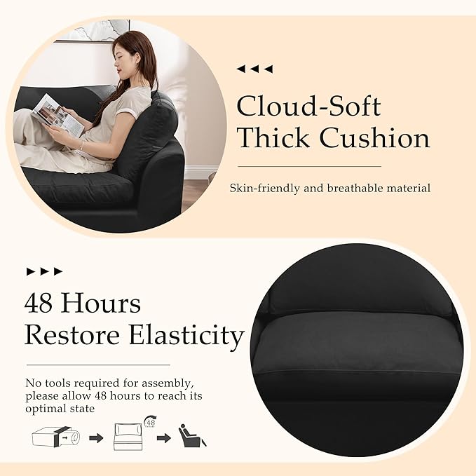 112 Cloud Sectional Couches for Living Room Modern Modular Sectional Sofa with Ottoman Boneless Cloud Couch with Comfy Deep Seats Fluffy Chenille L-Shape Sofa Couch for Living Room Black