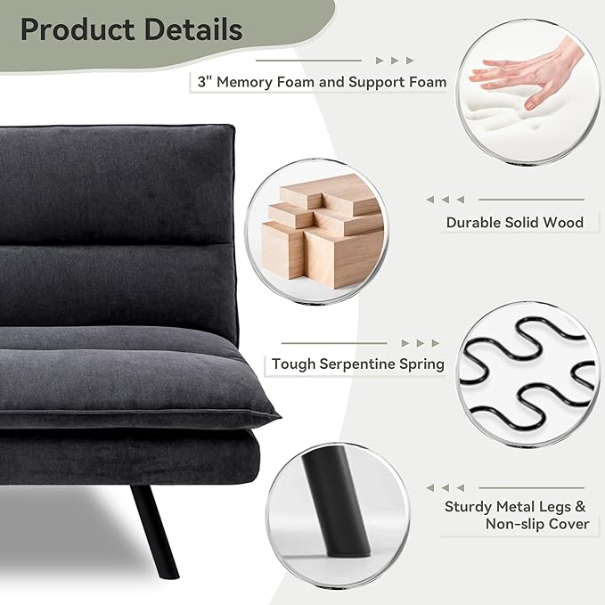 Memory Foam Futon Sofa BedLinen Fabric Futon CouchConvertible Armless FutonsSmall Splitback Loveseat Sleeper Sofa Bed for Living RoomOfficeApartmentPure Black