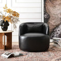 KINWELL 33'' W Top Grain Genuine Leather Swivel Barrel Armchair No Assembly Round Upholstered Leather Swivel Accent Chairs with Toss Pillow for Living Room Office Lounge (Black Genuine Leather)