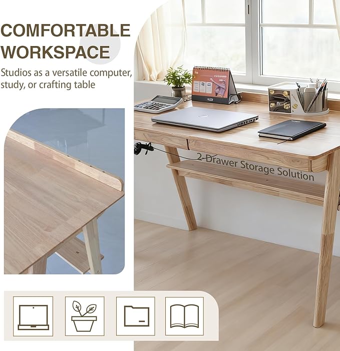 Mid-Century Modern 100% Solid Wood Writing Desk 39 Rubberwood Home Office Computer Table &amp Workstation Desk with 2 Drawers Lower Shelf &amp Side Hooks 350 lbs Load Laptop Desk