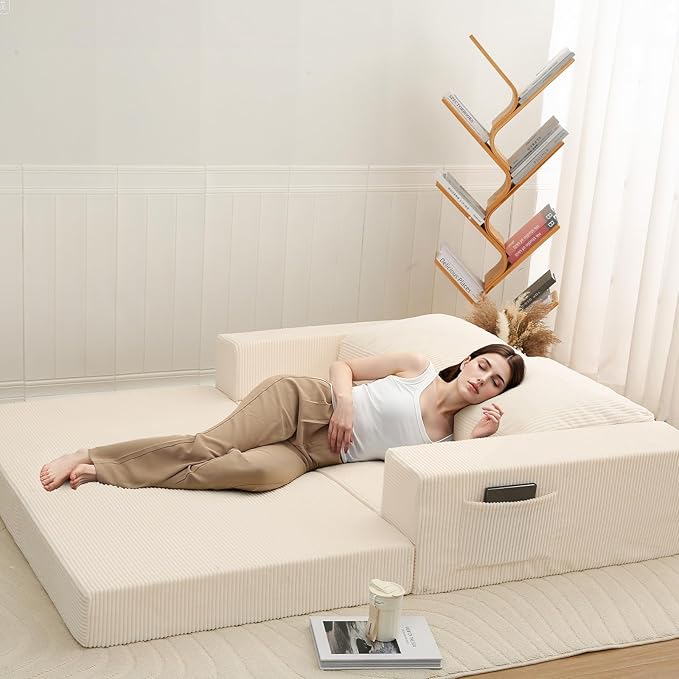 COMAX Convertible Sofa Bed Queen Folding Fold Out Couch Bed Floor Futon Couch Corduroy Sleeper Mattress with Back Pillows Boneless Sofa Comfy Lounge Loveseat for Living Room Bedroom Beige