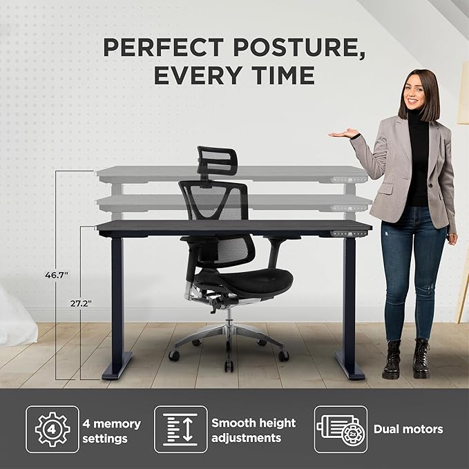 Rise UP Dual Motor Electric Standing Desk 60x30 Black Desktop Premium Ergonomic Adjustable Height sit Stand up Home Office Computer Desk Table Motorized Powered Modern Furniture Small Standup Table