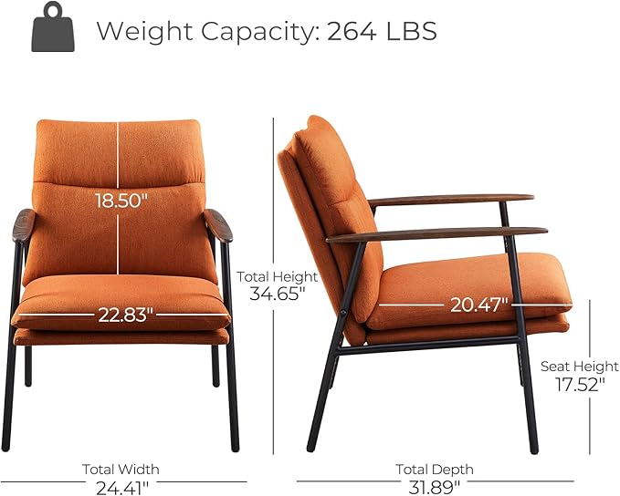 Zouron Upholstered Accent Chair with Metal Frame Modern Living Room Reading Chair with Wooden Armrests and Cushion Back Caramel