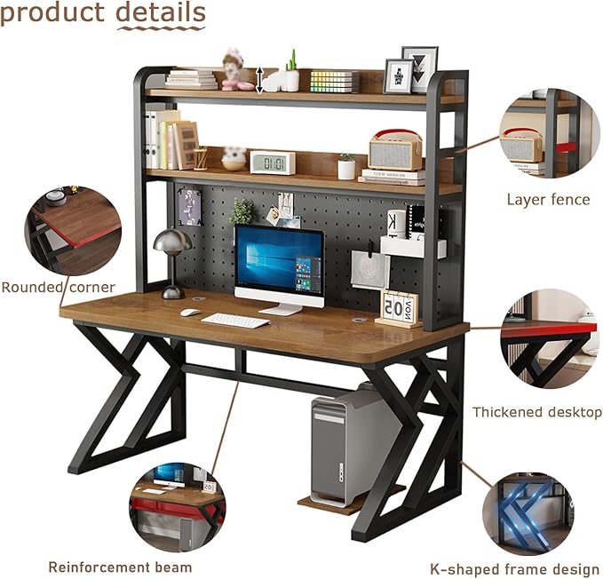63.0in Computer Desk with Pegboard Gaming Desk with Storage Shelves PC Gamer Workstation Desk Modern Study Writing Table for Home Office Bedroom (Brown 63.0in/160cm)