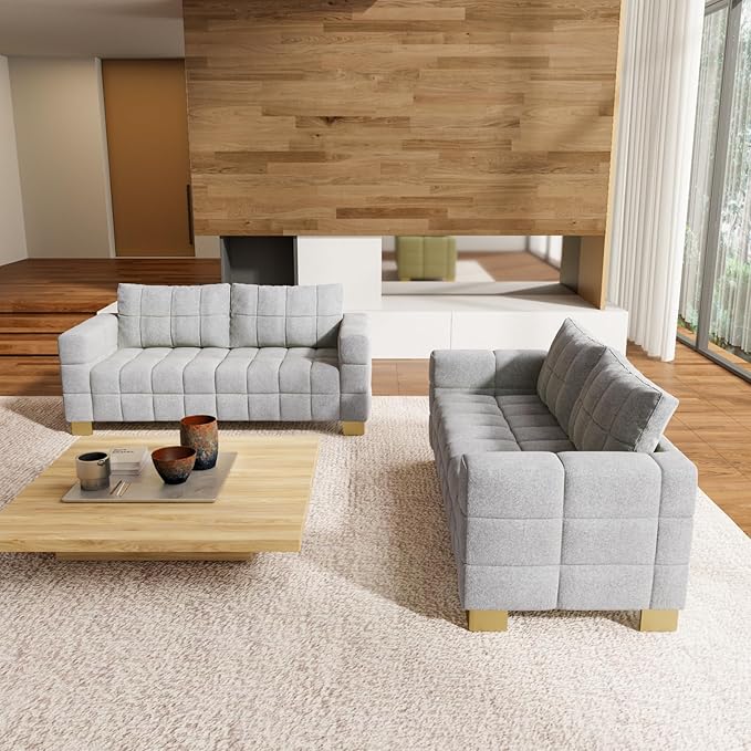 81.89 Sofa Comfy 3 Seat Sofa Tufted Chenille Upholstered Sofa Couch for Living Room with Gold Metal Legs and 2 Throw Pillows (Grey（3+3）)