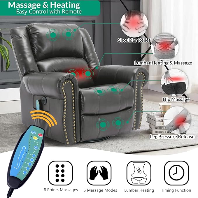 VIVIJASON Massage Swivel Rocker Recliner Chair with Heat &amp Vibration 360° Swivel Manual Glider Rocking Reclining Chair with Remote Control Side Pockets &amp USB Ports for Living Room Gray