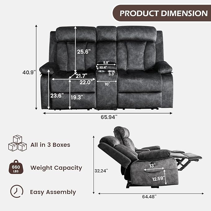 Power Reclining Loveseat with Console Loveseat Recliner Sofa with Massage &amp Heat Perfect Electric Couch for Living Room (Gray)