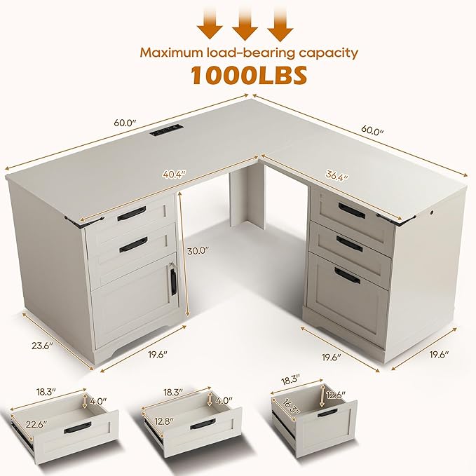 Farmhouse L Shaped Executive Desk 60 Home Office Desk with Drawers &amp Charging Station Wood Corner Computer Writing Desk with File Drawer and Storage Cabinet for Home Office (Light Grey)
