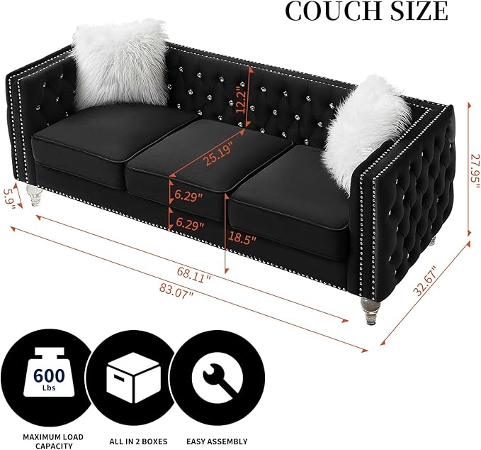 83 Chesterfield Sofa Velvet Mid-Century Modern Upholstered Couch with 2 Throw Pillows and Acrylic Legs Nailhead Button Tufted Vintage Sofa for Living Room Apartment Office Black