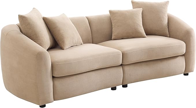 Christopher Knight Home Taliyah 87 Cozy Velvet Upholstered Lounge Sofa 3-Seater Curved Home Sofa Living Room with 4 Pillows Sturdy Wooden Frame Lounge Chair Indoor Couch with Thick Cushion Camel