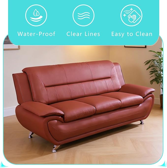 3 Piece Living Room Furniture Sets Faux Leather Sofa Set Modern Sofa Couches with Sturdy Legs Office Sectional Sofa Set Easy Clean Loveseat Couch Chair for Living Room/Bedroom/Office Red