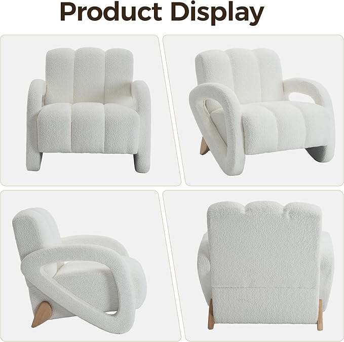 Mid Century Modern Accent Chair Set of 2 with Solid Wood Frame Upholstered Living Room Chairs with Thick Cushion Boucle Tufted Armchair for Bedroom Reading Room Ivory