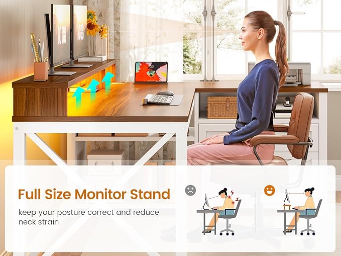 SEDETA Farmhouse L Shaped Desk 55 Home Office Desk with Drawers and Storage Shelves L Shaped Gaming Desk with LED Lights Power Outlet and Monitor Shelf Brown