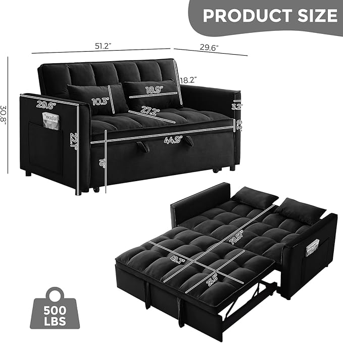 KEIKI 51.2 3-in-1 Convertible Sofa Bed Sleeper Sofa Chair with Adjustable Backrest Side Pockets &amp Roller Legs Cloud Futon Couch for Apartment Bedroom or Office Black