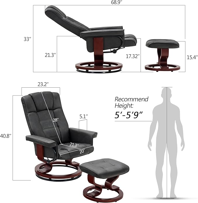 MCombo Manual Swivel Recliner with Ottoman Chair Ottoman Set for RV Small Spaces Living Room Bedroom Office 9019 4919 (Faux Leather Dark Grey)