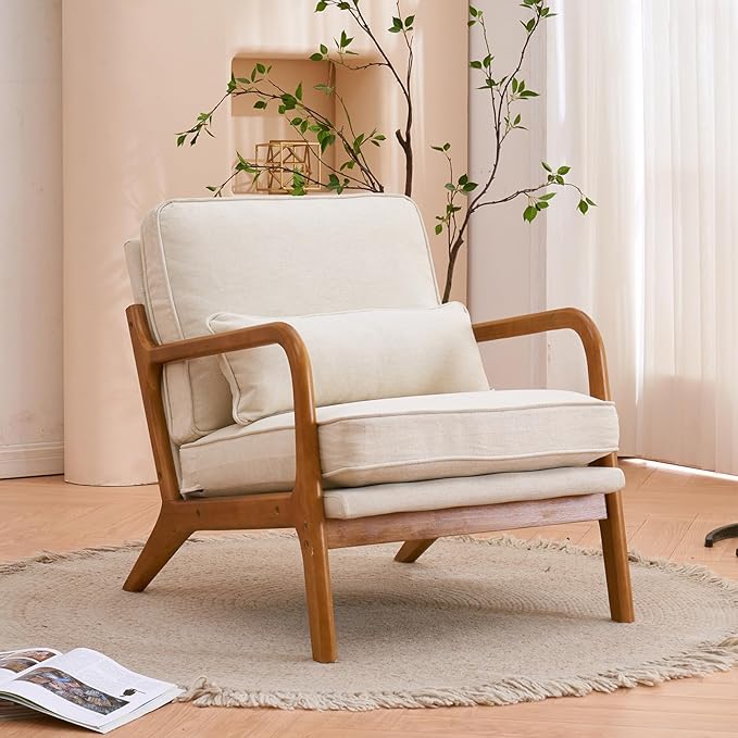 Mid Century Modern Accent Chair with Wood Frame Upholstered Lounge Linen Fabric Armchair Comfy Reading Leisure Chair with Cushion for Living Room Bedroom Balcony Beige