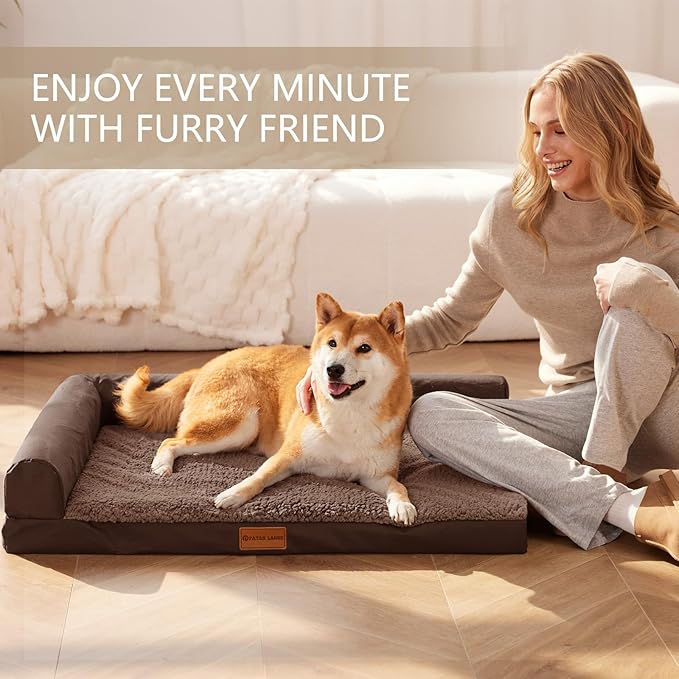 Patas Lague Orthopedic Dog Bed Medium Size Dog 30''X20'' Waterproof L Bolster Medium Pet Sofa Beds with Removable Washable Cover Soft Comfortable Pet Couch Crate Mat with Nonskid Bottom Brown