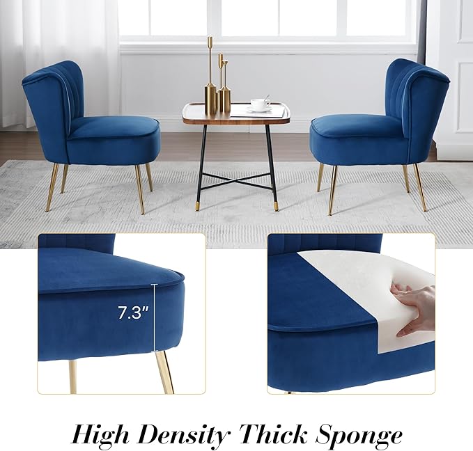 Velvet Accent Chair Set of 2 Comfy Upholstered Side Chair with Gold Metal Legs and Padded Seat Modern Small Corner Armless Living Room Chairs with Wing Back Blue