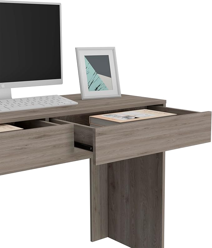 Tampa Computer Desk - Spacious Work Surface &amp 2 Drawers - Beige Engineered Wood - Home Office