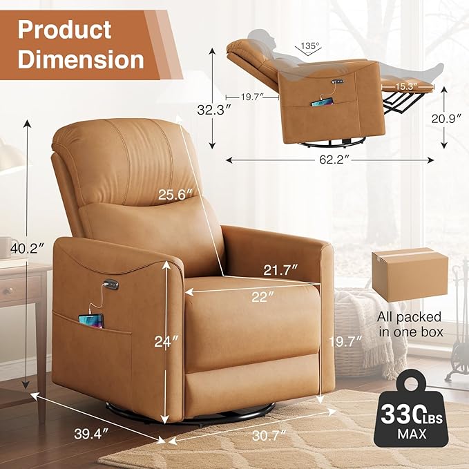 Kidirect Power Swivel Rocker Recliner 360° Swivel Recliner Chairs for Nursery Pu Leather Power Recliner Chair with USB Port and Side Pocket Electric Glider Rocking Chair for Living Room