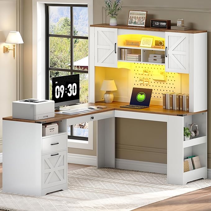 67'' L Shaped Executive Desk with Hutch Farmhouse Corner Computer Desk with File Drawer Wooden Office Desk with Storage Shelves and LED Lights for Home Office White Walnut