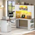 67'' L Shaped Executive Desk with Hutch Farmhouse Corner Computer Desk with File Drawer Wooden Office Desk with Storage Shelves and LED Lights for Home Office White Walnut