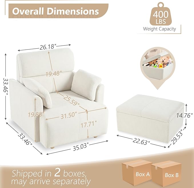 Oversized Accent Chair with Storage Ottoman Lounge Armchair with 2 Arm Pillows Deep Seat Chaise for Living Room Bedroom Beige