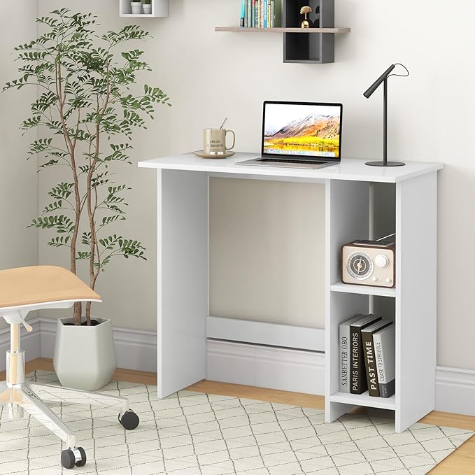 Tangkula White Desk with Storage Shelves Modern Small Writing Desk with Adjustable Shelf Space Saving Laptop PC Desk with Anti-Toppling Kit Wooden Kid’s Study Desk (White)