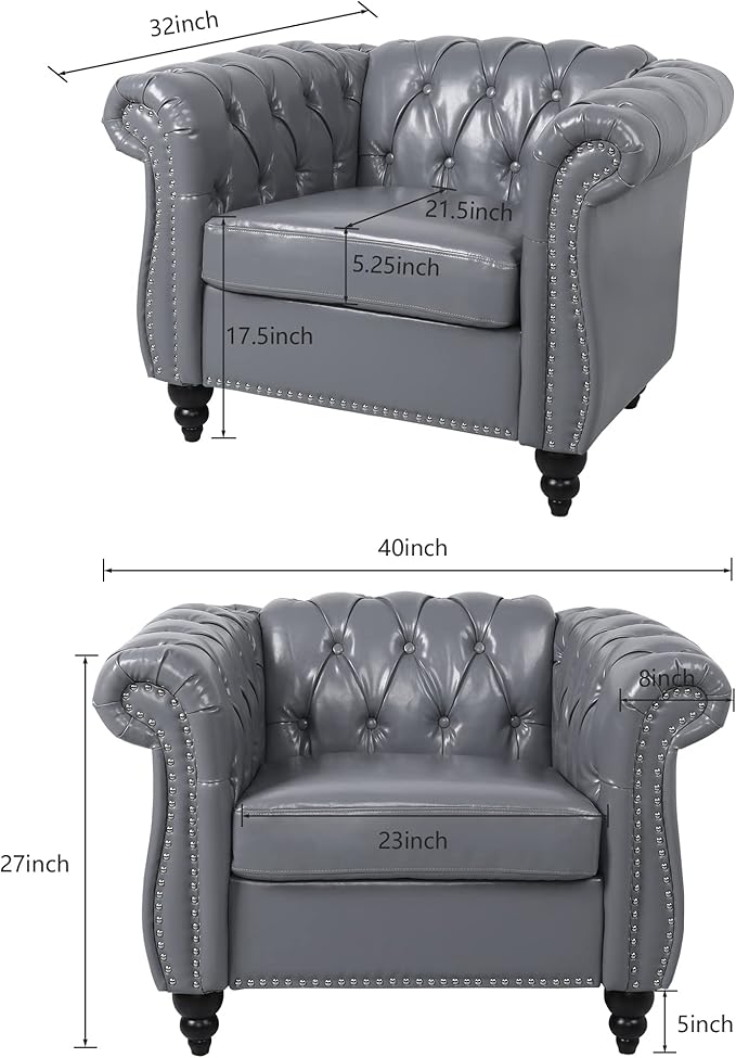 RARZOE PU Chesterfield Chairs Chesterfield Faux Leather Club Chair Chesterfield Button Tufted Leather Accent Chair with Nailhead Trim Scrolled Arms for Living Room Bedroom Office Grey