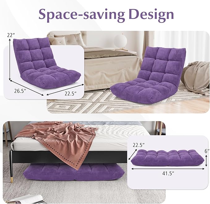 14-Position Floor Sofa Folding Gaming Sofa Chair Comfy Cushions &amp Study Steel Frame Angle Adjustable Sleeper Bed Couch Recliner (Purple)