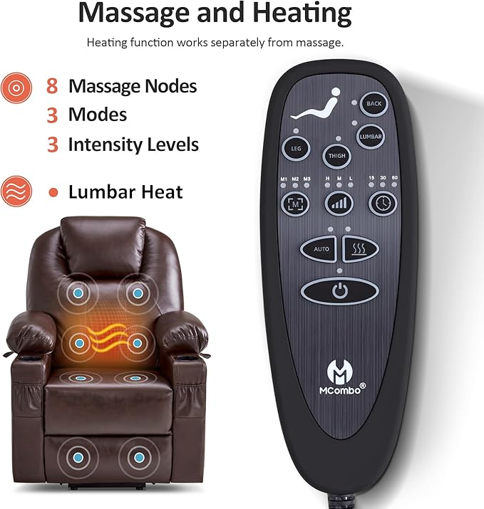 MCombo Power Lift Recliner Chair for Elderly Lift Chair with Heat and Massage FSC Certified USB Ports Cup Holders Faux Leather 7141 (Dark Brown Small)