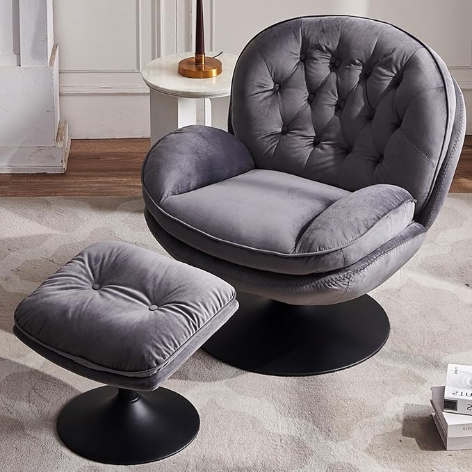 Swivel Accent Chair with Ottoman Set Velvet Modern Lounge Armchair with Metal Base Frame &amp Footrest Comfy Lazy Single Leisure Chair with 360 Swiveling for Living Room/Bedroom/Grey