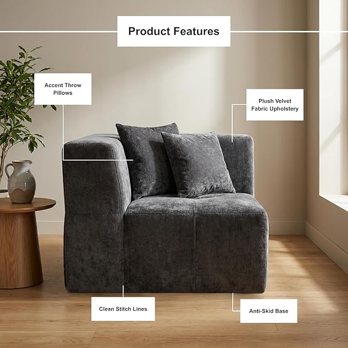 · REDEARTH · Right Armchair Velvet Sectional Sofa No-Assembly Compressed Couch in a Box Firm Support Boneless Modular System in Plush Velvet for Living Room (1-Seater) Dark Gray