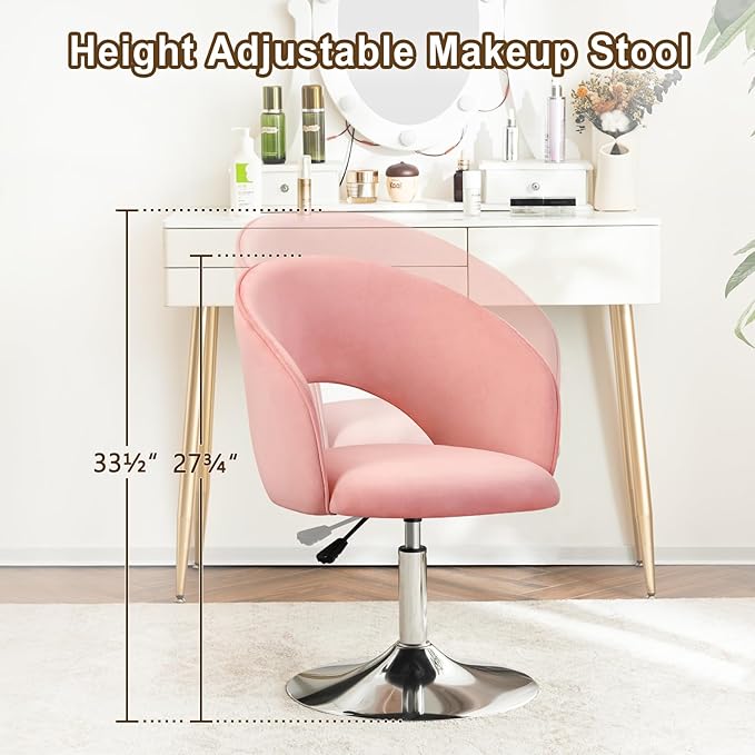 Furnimart Pink Velvet Vanity Chair Vanity Stool with Back Height Adjustable Swivel Accent Chair with Backrest Round Makeup Chair for Vanity Living Room Bedroom (Pink)