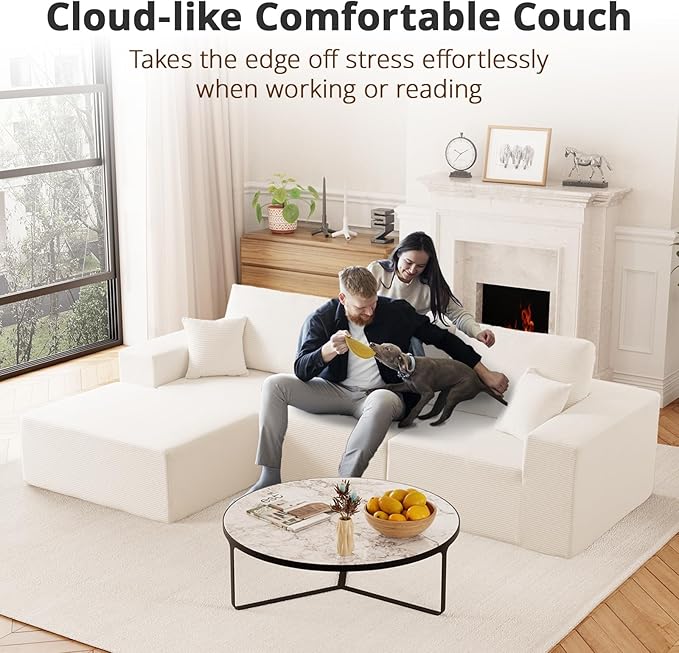 108 L-Shaped Boneless Couch High Seat Modular Sectional Sofa with Moveable Ottoman Corduroy Cloud Couches for Living Room No Assembly Ship in a Box White