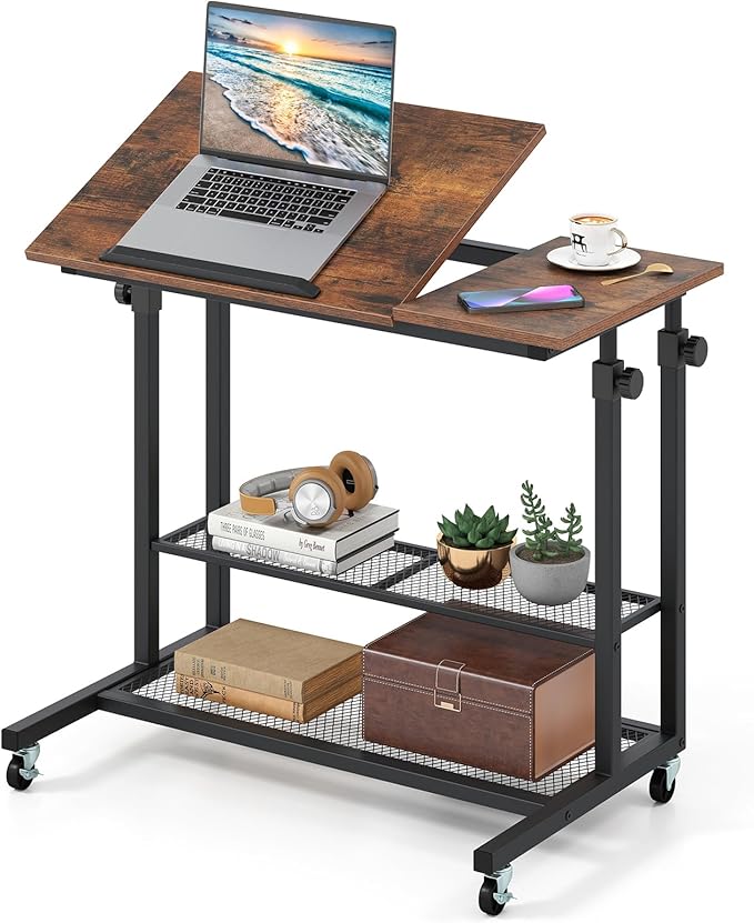 Giantex Mobile Standing Desk Adjustable Rolling Computer Desk w/Tilting Desktop &amp Storage Shelves PC Laptop Table Small Compact Desk on Wheels for Small Space Living Room &amp Bedroom (Rustic