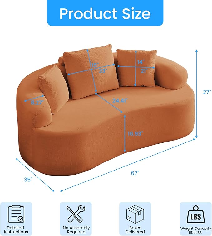 PUREMIND 67 Couches for Living Room Boneless Comfy Modern Sofa Cloud Sectional Modern Sleeper Couch with Chaise for Bedroom Apartment No Assembly Required (Orange)