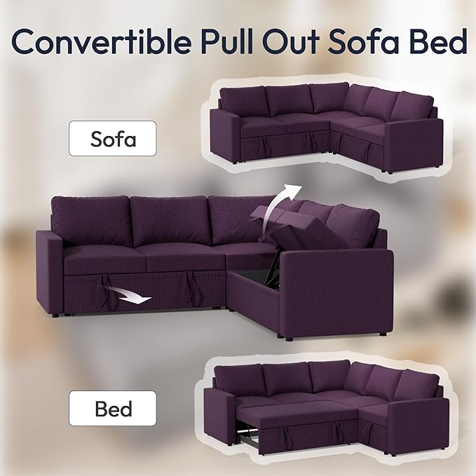 FONTOI Sleeper Sofa Bed Modular Sectional Couch with Pull Out Bed L Shaped Sectional Convertible SofaBed with Storage Seat for Living Room Apartment Bedroom Office Purple Linen