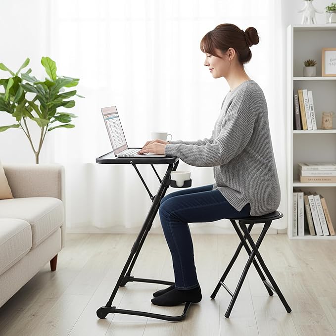 Homy Casa Folding Adjustable Laptop Table with Stool Set Portable Home Office Workstation Height Adjustable Standing Desk with Cup Holder Compact Computer Desk for Home Study &amp Small SpacesBl