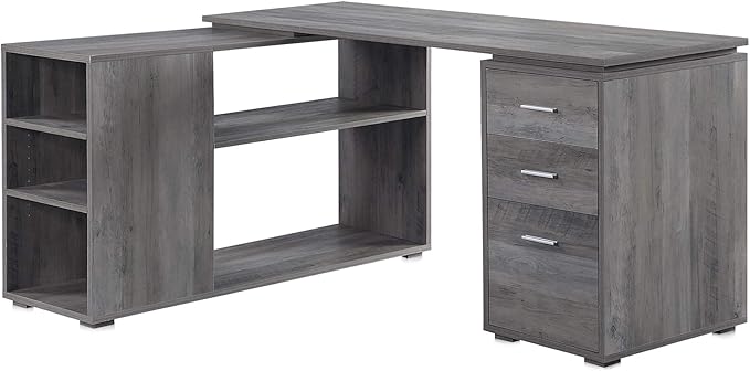 BELLEZE L Shaped Computer Desk 60” Study Writing Table Home Office Desk Morden Corner Workstation Setup with Adjustable Storage Shelves and 3 Drawers Gray Wash