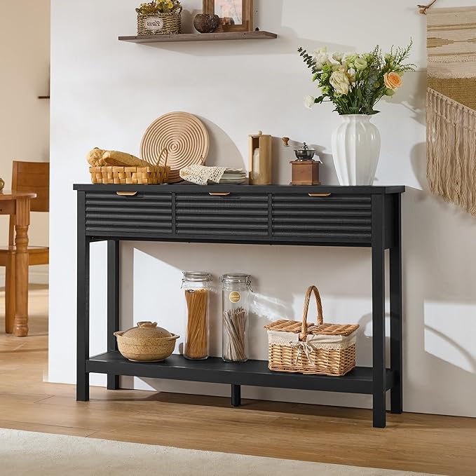 LEYAOYAO Fluted 47.2 Console Table with 3 Drawers Modern Wood 2 Tier Entryway Table with Open Storage Shelf Boho Sofa Entry Tables Behind Couch for Living Room Hallway Entrance Foyer Black Oak