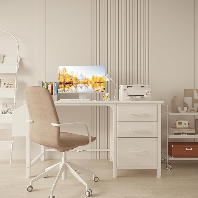 Lufeiya White Desk with File Drawers Cabinet 47 Inch Reversible Computer Desk with Fabric Filing Cabinet for Bedroom Small Space Home Office Modern Writing Table PC Desks White